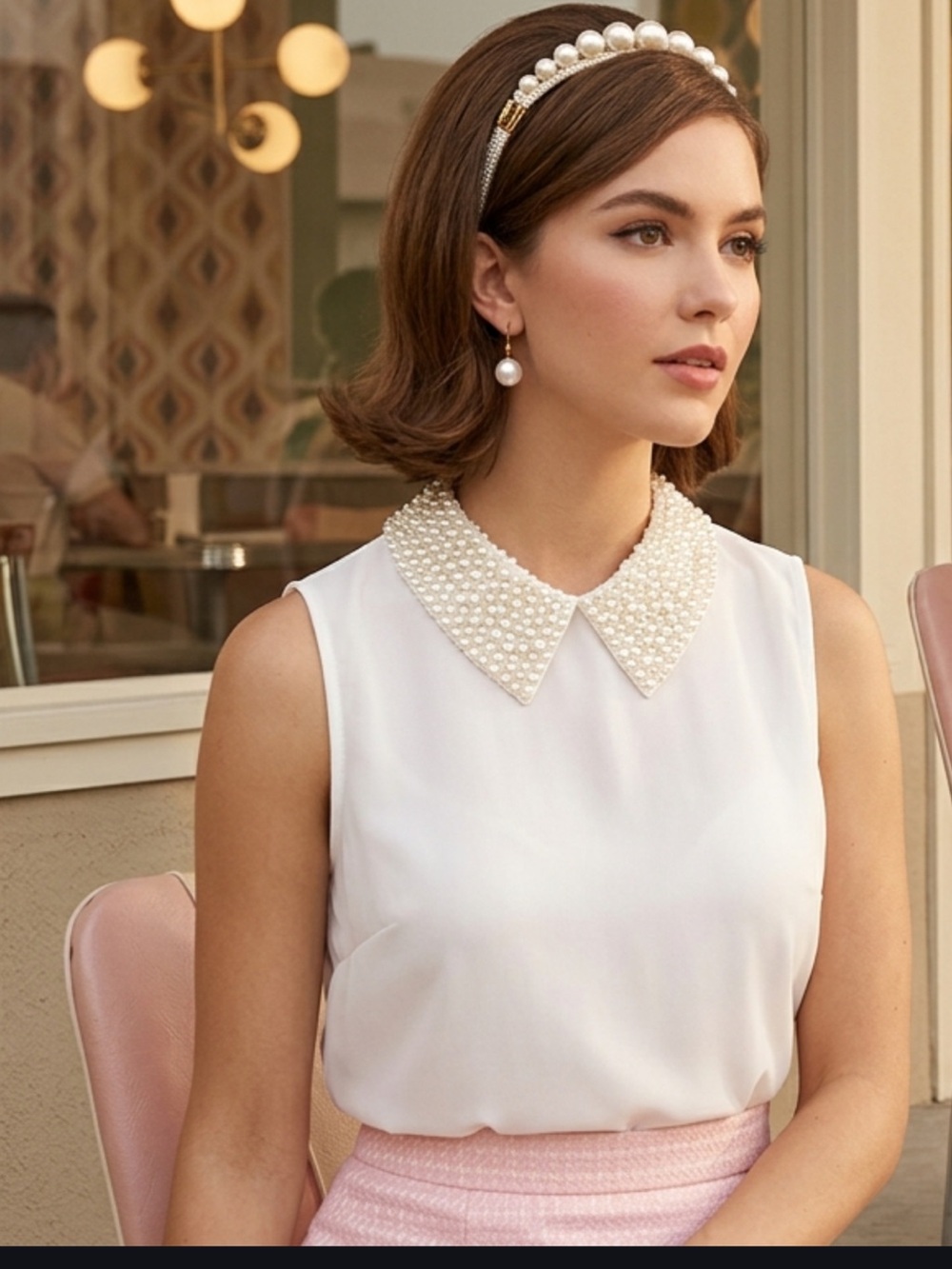 🌟 Vintage Pearl-Embellished Sheer Sleeveless Blouse 🌟